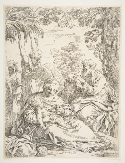 De Heilige Familie rustend op hun vlucht naar Egypte, ca. 1637-1639 door Simone Cantarini