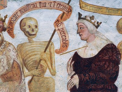 Dood met de Koningin, detail van De Dans van de Dood door Simone II Baschenis