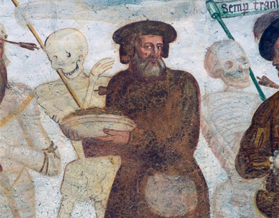 De dood met de rijke vrek, detail uit De Dodendans door Simone II Baschenis