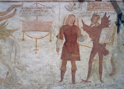 De aartsengel Michaël en de duivel met het boek van de zeven hoofdzonden (detail) door Simone II Baschenis