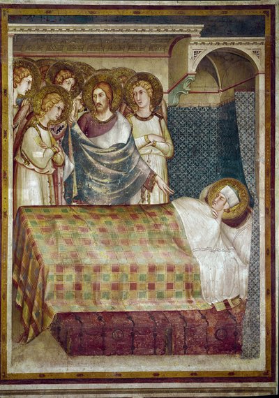 Fresco van het leven van Sint Maarten. De droom van Sint Maarten: Christus, omringd door engelen, onthult hem dat hij de bedelaar was aan wie hij zijn mantel gaf door Simone Martini