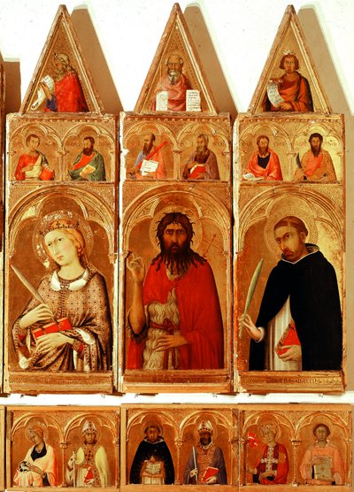 Sint-Catharina van Alexandrië, Johannes de Doper, Sint-Pieter van Verona. Detail van het Sint-Catharina van Alexandrië Polyptiek (detail) door Simone Martini