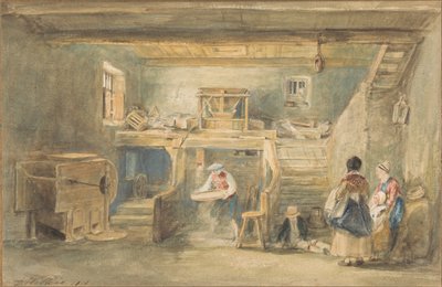 Het interieur van Pitlessie Mill met een man die maïs zeeft door Sir David Wilkie