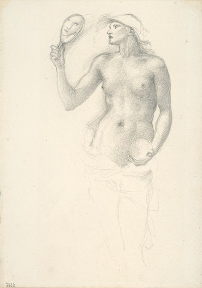 Halfnaakte vrouwelijke figuur met spiegel in rechterhand door Sir Edward Burne Jones