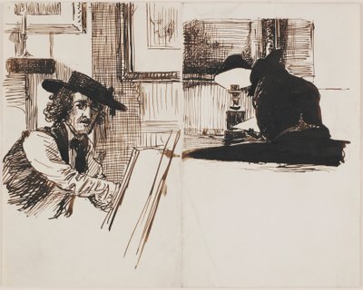Whistler tekent Poynter; achterkant van een man zittend aan een tafel bij een brandende lamp door Sir Edward John Poynter