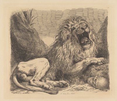 Een Studie uit de Natuur; een leeuw tussen rotsen, brullend, een menselijk schedel rechtsonder door Sir George Hayter
