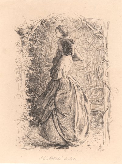 Gelukkige Lente. Vrouw en Kind Kijken naar Vogel in Nest. door Sir John Everett Millais
