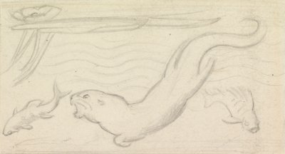 Glas-in-loodstudie, een otter en twee vissen door Sir John Everett Millais