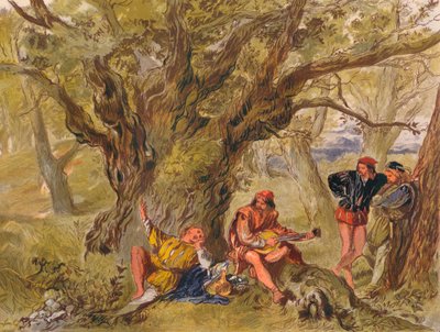 Zoals je het leuk vindt: Act II, Scene V. Onder de groenblijvende boom, gezongen door Amiens, ca. 1875 door Sir John Gilbert