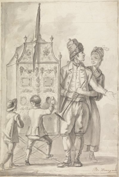 Studie van een kijkdoos met twee begeleidende figuren en twee kinderen door Sir Peter Francis Bourgeois