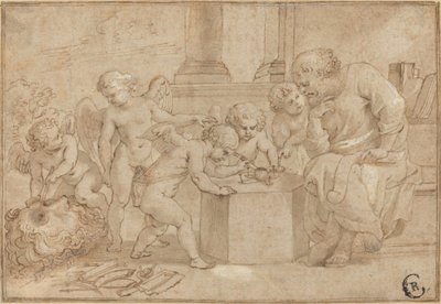 Oude man kijkt toe hoe putti een oog ontleden door Sir Peter Paul Rubens