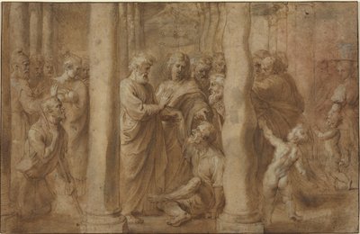 Het Wonder van de Verlamde Man Genezen door Sint Petrus en Sint Johannes door Sir Peter Paul Rubens over Anonymous Italian after Parmigianino after Raphael