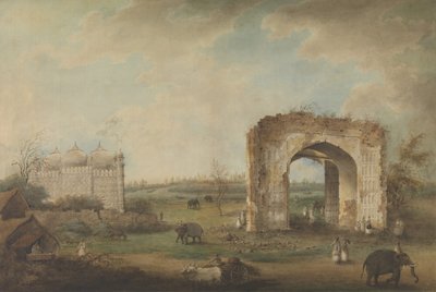 Uitzicht op een moskee en poort bij Motijhil, ca. 1814-23 door Sita Ram.