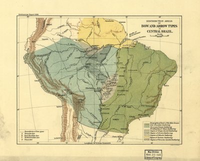 Verspreidingsgebieden voor pijl en boog soorten in centraal Brazilië. LOC 2003627075 door Smithsonian Institution