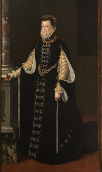 Spaans: Isabel de Valois sosteniendo un retrato de Felipe II Portret van Elisabeth van Valois met een portret van Filips II door Sofonisba Anguissola