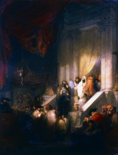 Lezen van de Wetstafelen in de Synagoge door Solomon Alexander Hart