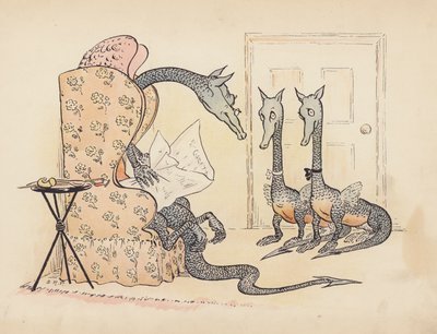 Illustratie voor Little Twin Dragons door S Rosamond Praeger (kleurenlitho) door Sophia Rosamond Praeger