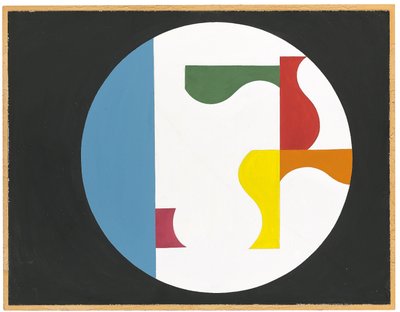 Compositie in een witte cirkel op een zwarte achtergrond door Sophie Taeuber Arp
