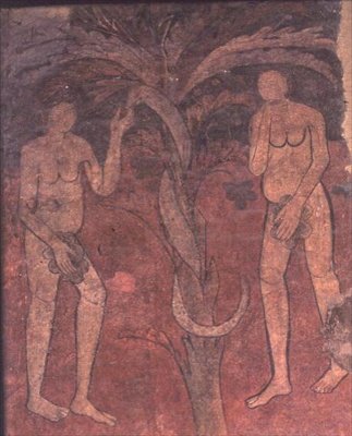 Adam en Eva, de Oorsprong van de Zonde, Muurschildering van de Triomfboog in de Apsis van het Centrale Schip, Sta. Maria de Barbera door Spanish School