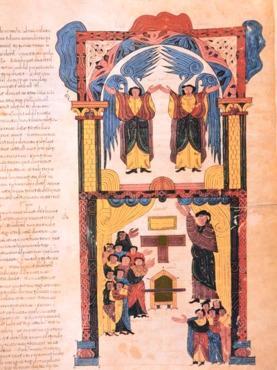 Engelen en David met de Ark van het Verbond staand voor de Tempel van Salomo, fol.139r., uit de Visigotisch-Mozarabische Bijbel van St. Isidores, 960 n.Chr. (tempera op perkament) door Spanish School