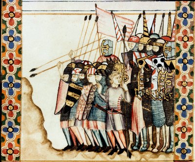 Leger van de kruisvaarders (detail) van een pagina uit een manuscript van het Lied van Sint-Maria (Cantigas de Santa Maria), miniaturen gewijd aan Sint-Maria en haar wonderen, een verzameling liederen samengesteld onder het bewind van Alfonso X de Wijze (1 door Spanish School