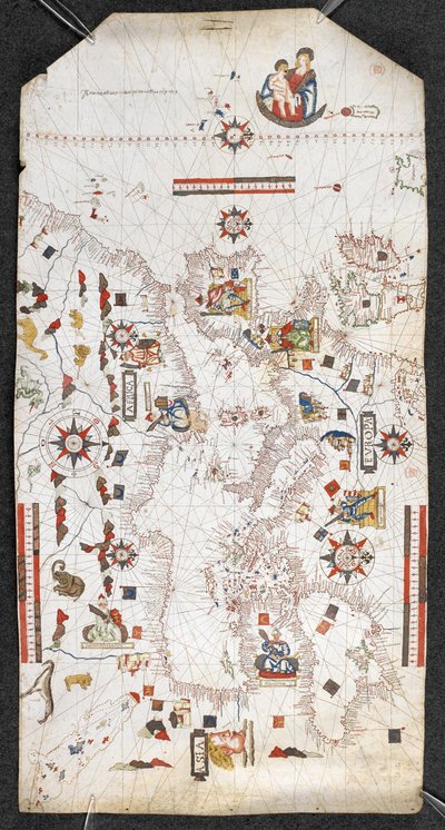 Kaart van de Middellandse Zee en de Zwarte Zee, en een deel van de Atlantische Oceaan, van de Britse Eilanden in het noorden tot de Canarische Eilanden in het zuiden; met de kustlijnen; en met de namen van de belangrijkste steden in het Spaans, door Jaume  door Spanish School
