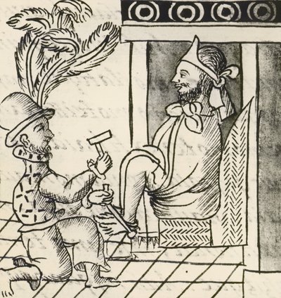 Codex van de verovering van Mexico: uitbraak van oorlog, De Azteekse keizer Montezuma in ketenen door Spanish School