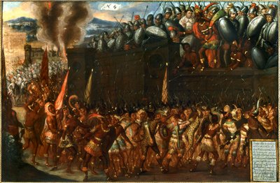 Verovering van Mexico - De dood van Montezuma door toedoen van zijn eigen volk op 1 juli ... (olieverf op doek) door Spanish School
