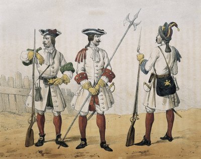 DE SOTTO, Serafin Maria, Graaf van Clonard (1793 - 1862). Historia organica de las armas de Infanteria y Caballeria espanolas. 1851 - 1859. Linie-infanterie tijdens het bewind van Filips V van Spanje. Schutter, Sergeant en Grenadier (1707-1718). Lithografi door Spanish School