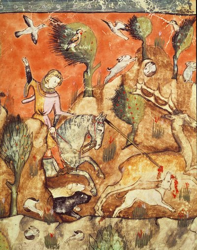 Een jager achtervolgt een hert, uit de Codex Benito Santa Mora door Spanish School