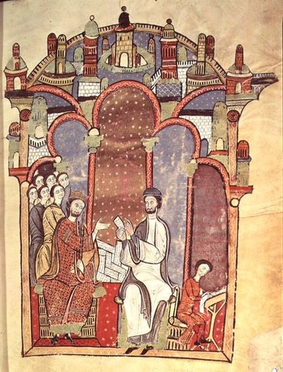 Fol.1r Hofscène met schrijvers, uit de Liber feudorum maior door Spanish School