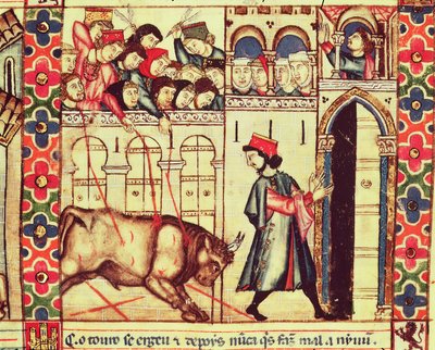 Dood van een stier in de arena, uit het manuscript gemaakt onder leiding van Alfonso X De Wijze Koning van Castilië en León door Spanish School