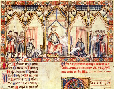 Fol.5r Het hof van Alfons X (1221-84) de Wijze, koning van Castilië en León, miniatuur uit de Cantigas de Santa Maria door Spanish School