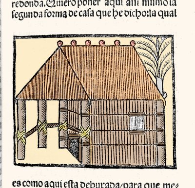 Habitat: beschrijving van de hut van de Indios. Gravure uit het boek 