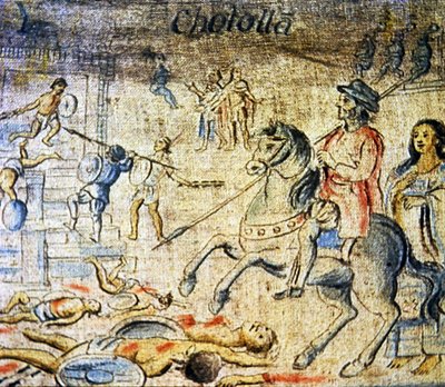 Hernan Cortes rijdt over de doden na de slag bij Cholula met Dona Marina, zijn minnares en tolk, die achter hem loopt door Spanish School
