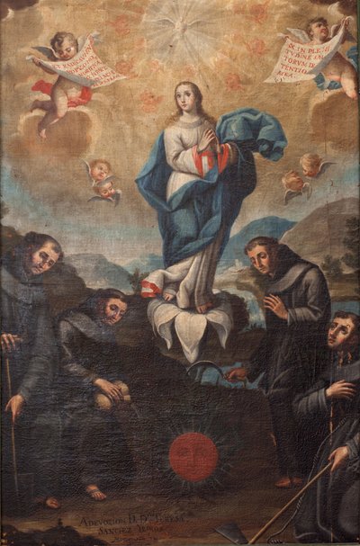 Onbevlekte Ontvangenis met tuinbouwfranciscanen. Oorsprong van het koor. Gesigneerd linksonder "ADEVOZION DE DA TERESA, Sanchez Yepros?". 18e eeuw. Juan Sánchez. door Spanish School