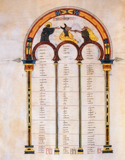 Indexpagina voor de Evangeliën van Matteüs, Marcus en Lucas, Ms nr. 2, uit de Visigotisch-Mozarabische Bijbel van St. Isidores, 960 n.Chr. (tempera op perkament) door Spanish School