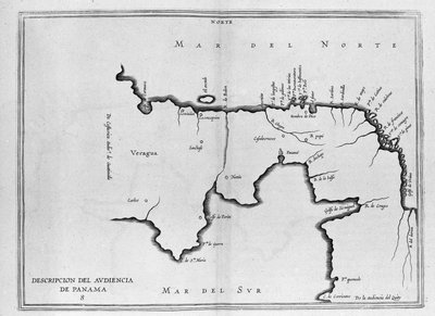 Kaart van Midden-Amerika (Panama) uit een Spaans reisboek uit het begin van de 17e eeuw. De kaart is georiënteerd op de oude manier (noordoost naar oost) en de Atlantische Oceaan wordt de Noordzee genoemd en de Stille Oceaan de Zuidzee door Spanish School