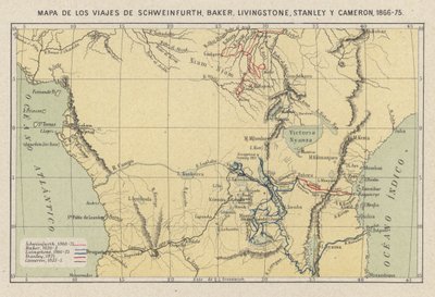 Kaart met de reizen van de ontdekkingsreizigers Georg August Schweinfurth, Samuel Baker, David Livingstone, Henry Morton Stanley en Verney Lovett Cameron in Afrika door Spanish School