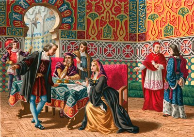 Ontmoeting tussen Columbus en Ferdinand en Isabel voor de ontdekkingsreis door Spanish School