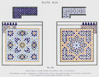 Mozaïek Dados op pilaren tussen de ramen, Hal van de Ambassadeurs (kleur litho) door Spanish School