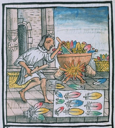 Ms Palat. 218-220 Azteekse ambachtslieden die veren verven, uit de 