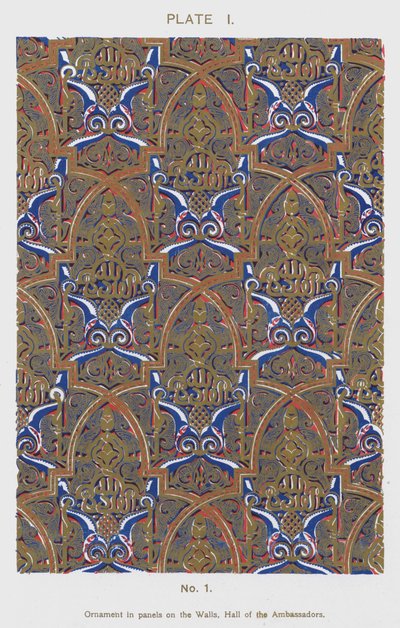 Ornament in panelen op de muren, Hal van de Ambassadeurs (kleur litho) door Spanish School