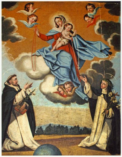 Onze-Lieve-Vrouw van de Rozenkrans met St. Dominicus en St. Catharina van Siena door Spanish School