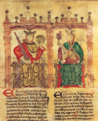 Pelagius (685-737), stichter van het Koninkrijk Asturië en zijn kleinzoon Fruela I (722-68) (pigment op perkament) door Spanish School
