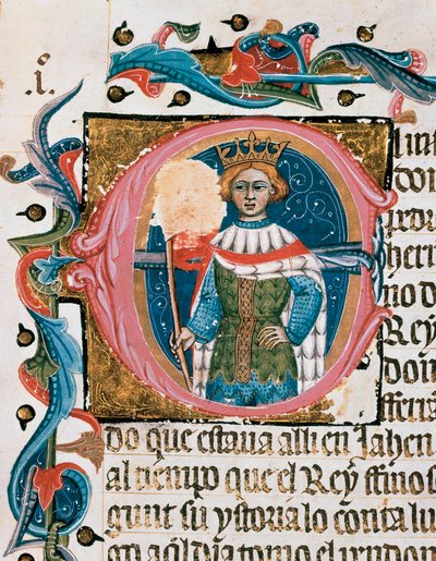 Portret van koning in een brievenbus. Miniatuur uit het manuscript Kroniek van Veroveraars door Spanish School