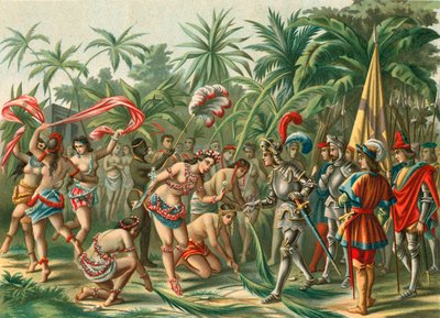 Ontvangst van Anacaona, genaamd de Gouden Bloem, op Hispaniola voor Bartholomeus Columbus en Hermano del Almirante door Spanish School