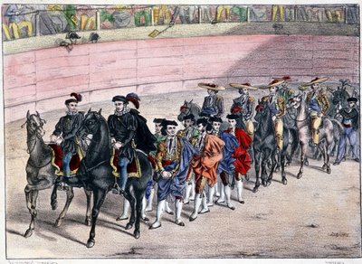 Vrijlating van de quadrille, stierengevecht in Spanje door Spanish School