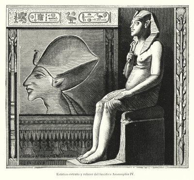 Zittend standbeeld en reliëf van de Oud-Egyptische Farao Akhenaten (Amenhotep IV) door Spanish School