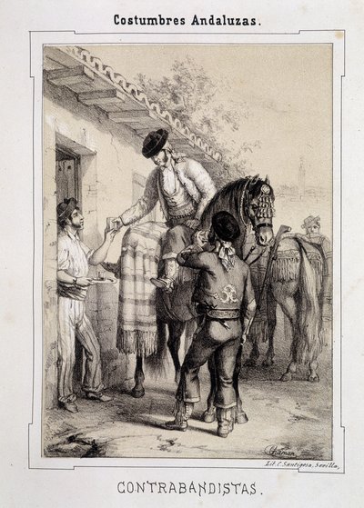 Smokkelaars, "Andalusische Kostuums" door D Antonio Chaman door Spanish School